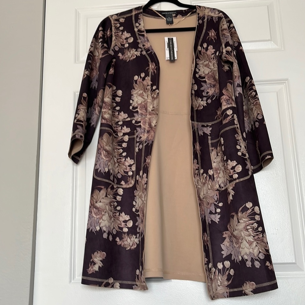 Chelsea and Theodore Brown Floral Jacket, Faux Leather, Size M